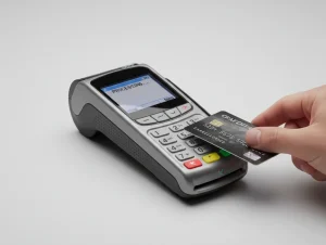 Datáfono que ofrecen los bancos mientras se pasa una tarjeta.